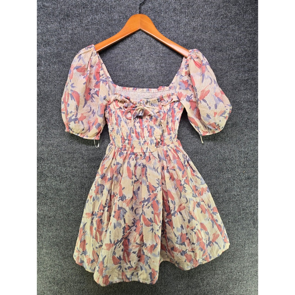 Abercrombie & Fitch Floral Smocked Puff Sleeve Mini Dress Pink Blue XS